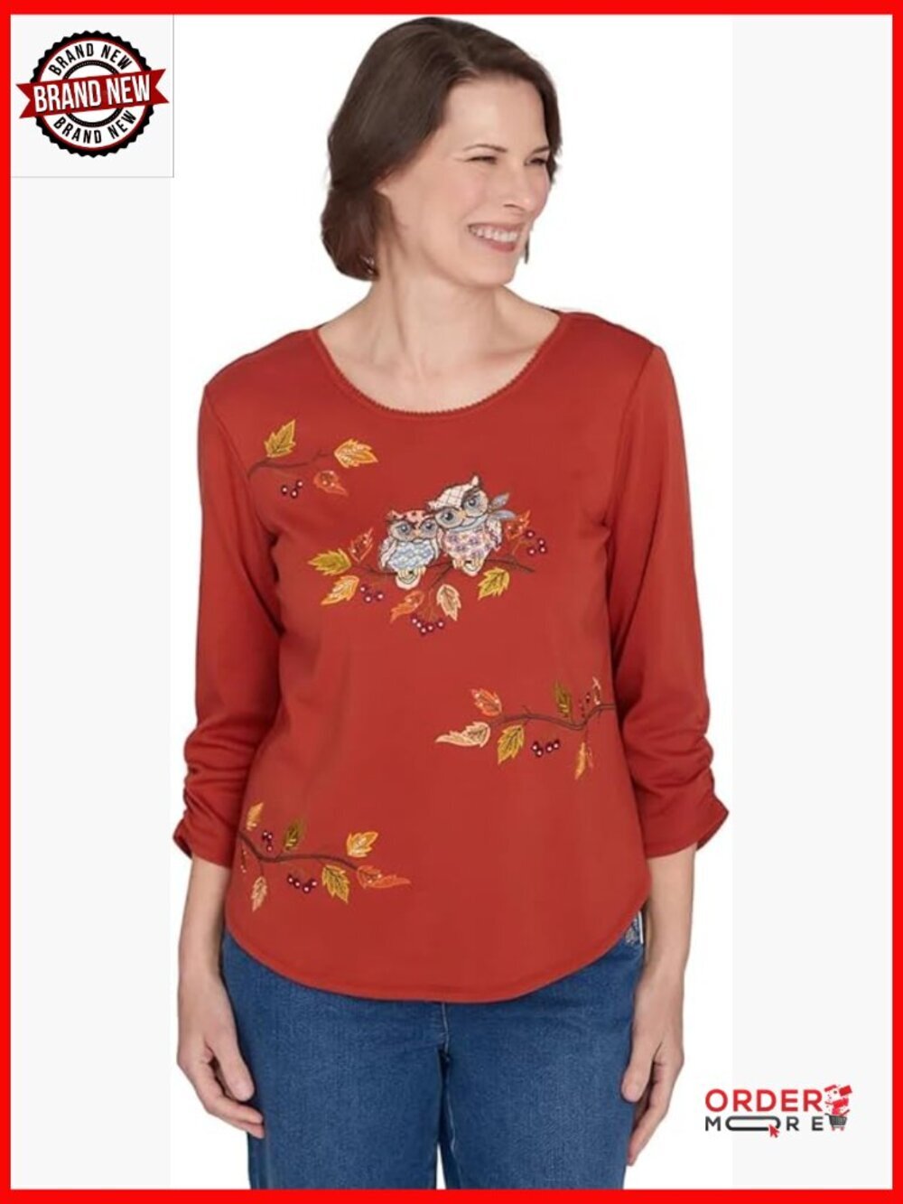 Ruched Sleeve Scoop Neck Cotton Blend Pullover Top 3/4 Length
